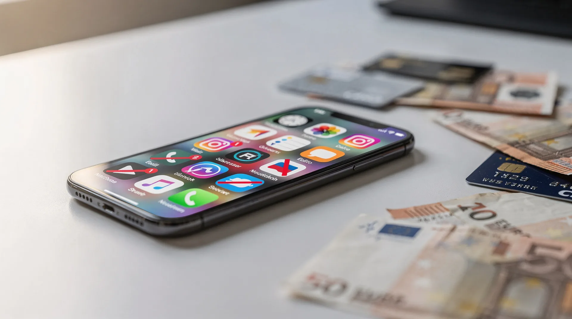 Close-up of smartphone screen showing multiple subscription app icons with red cancellation crosses,