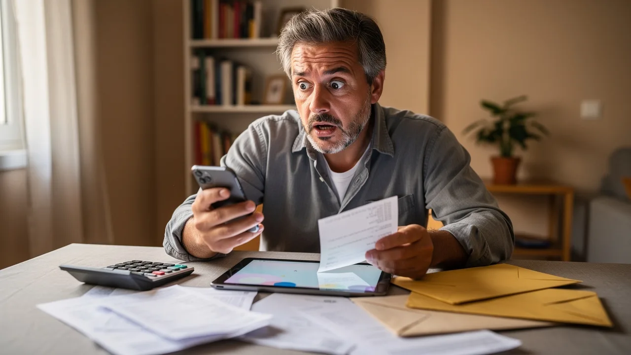 Spanish person looking shocked while checking phone bill and bank statements on tablet, sitting at h