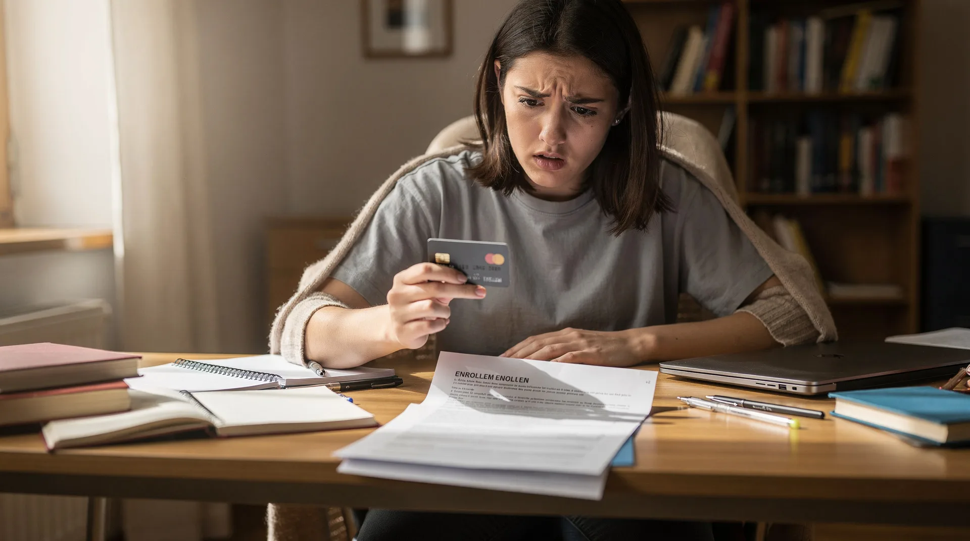 Estudiante universitario sosteniendo una tarjeta de crédito frente a una carta de matrícula con expresión preocupada