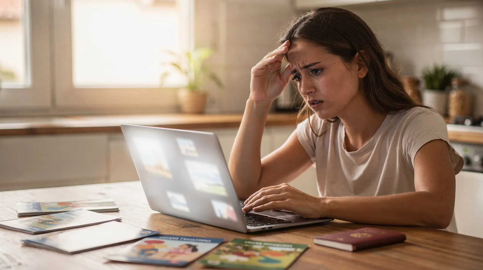 Persona mirando preocupada el extracto de su tarjeta de crédito mientras planifica unas vacaciones de verano en España