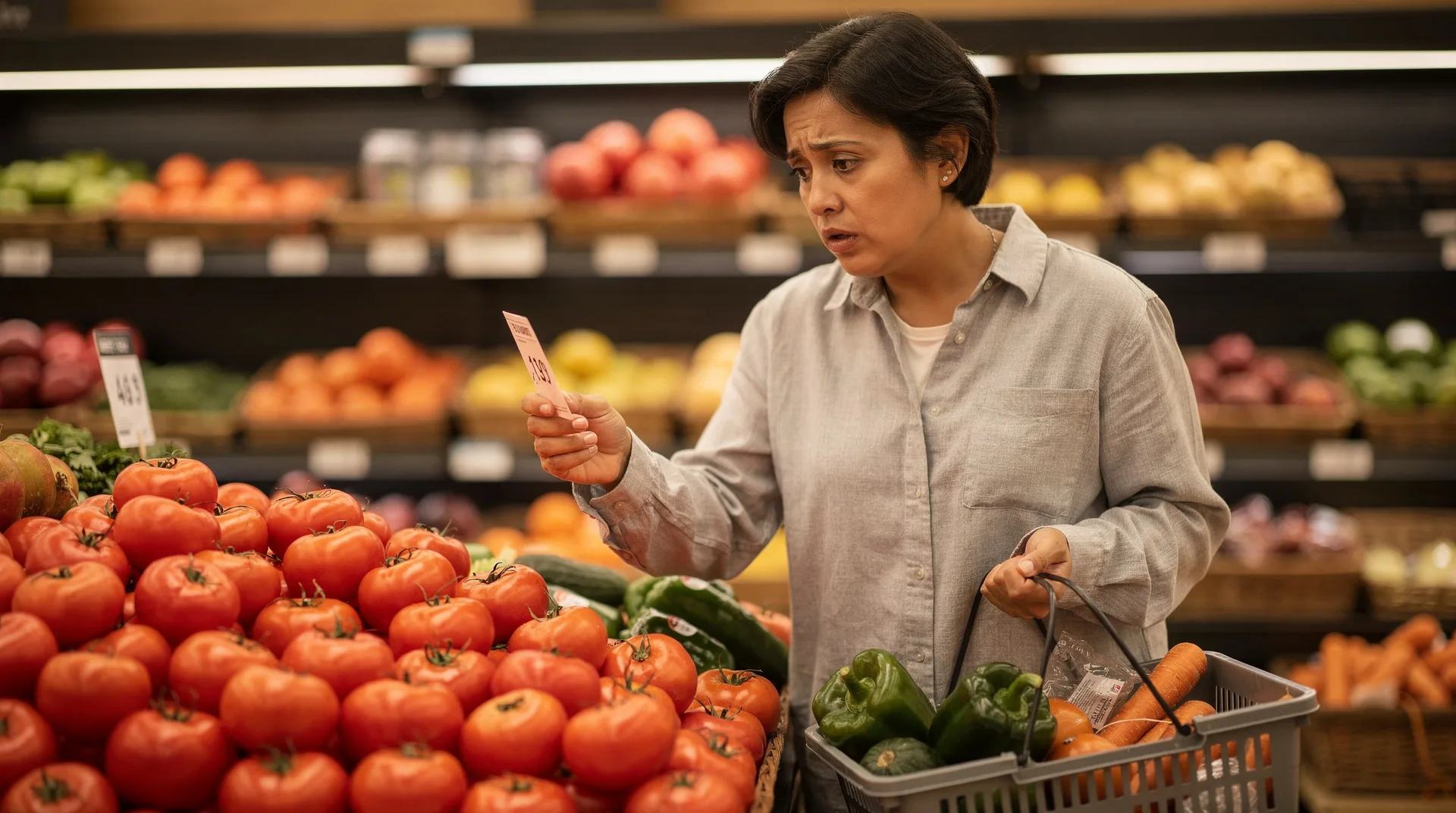Persona mirando el precio de los tomates en el supermercado con cara de preocupación, cesta de la compra en mano
