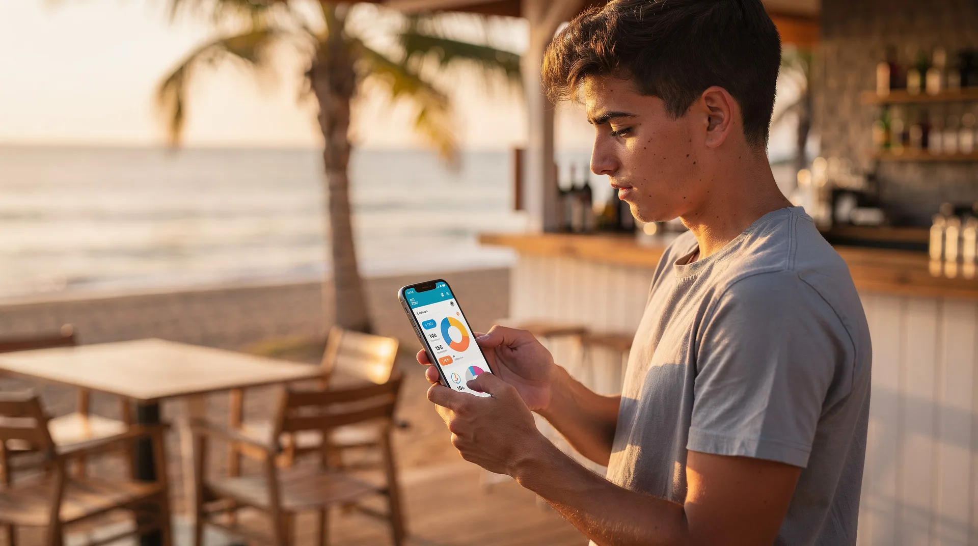 Joven trabajador de verano en terraza de bar mirando su móvil con una app de finanzas personales abierta