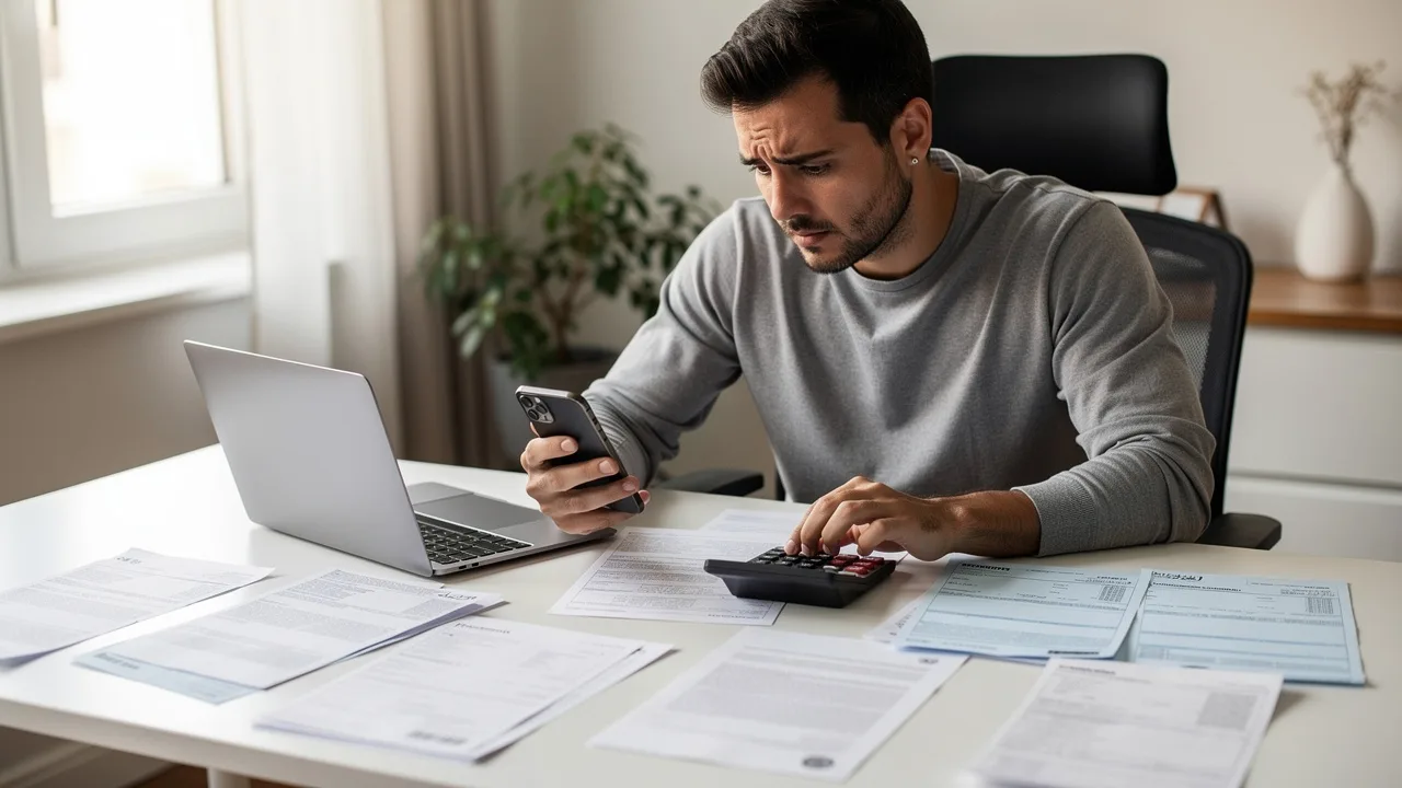 Spanish person checking bank statements on smartphone with calculator and bills on table, concerned 