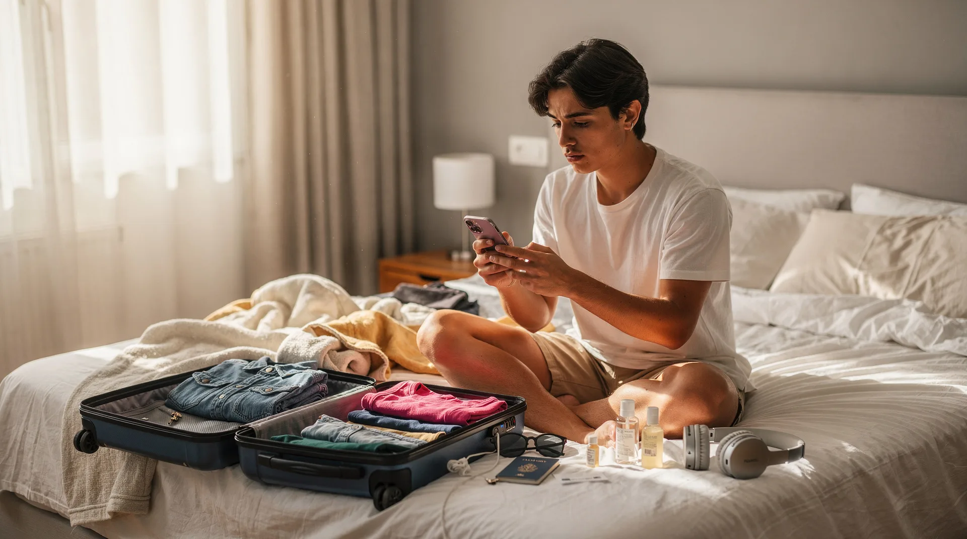 Persona joven revisando opciones de financiación en el móvil mientras prepara su equipaje de verano en casa