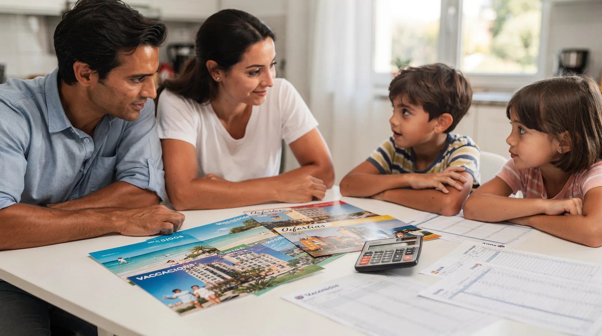 Spanish family looking at vacation brochures and calculator on kitchen table, summer planning scene,