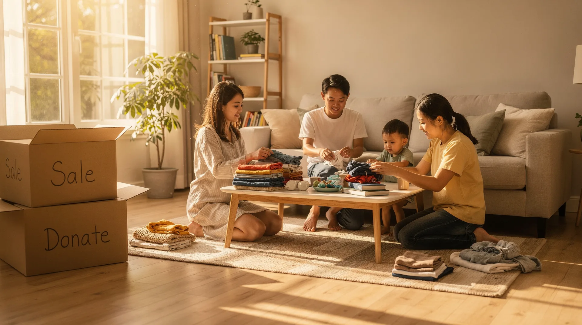 Familia organizando ropa y objetos del hogar para vender en segunda mano durante el verano