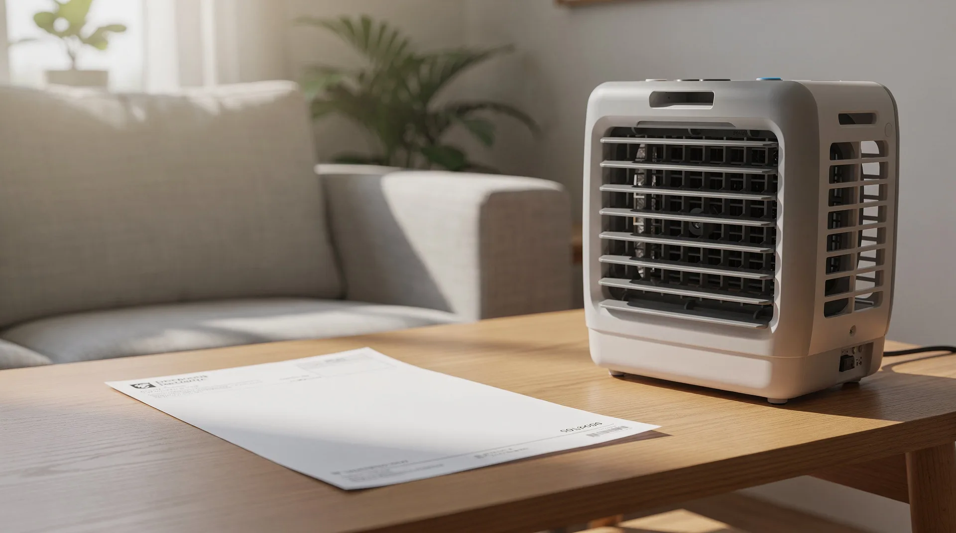 Ventilador evaporativo encendido en un salón luminoso de verano junto a una factura de electricidad