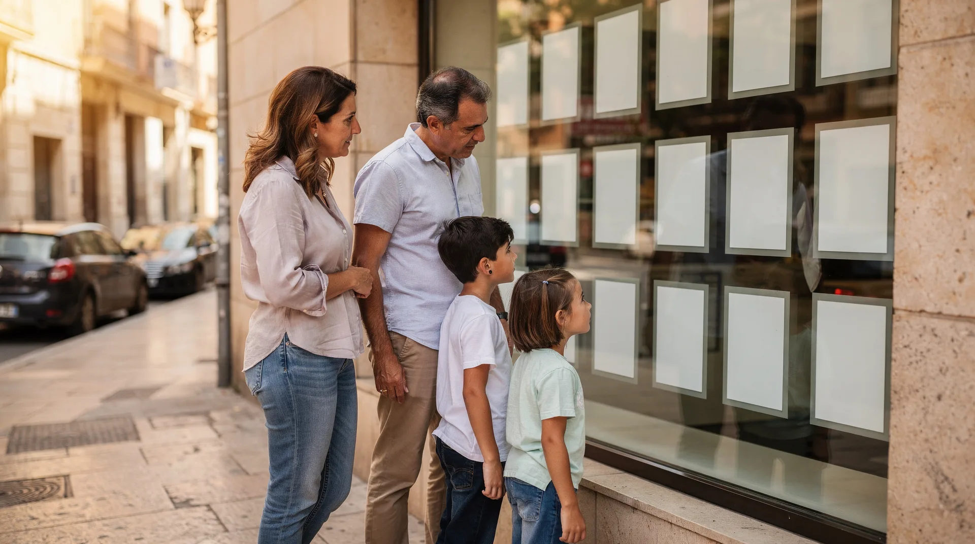 Familia mirando el escaparate de una inmobiliaria con carteles de precios elevados en una ciudad española