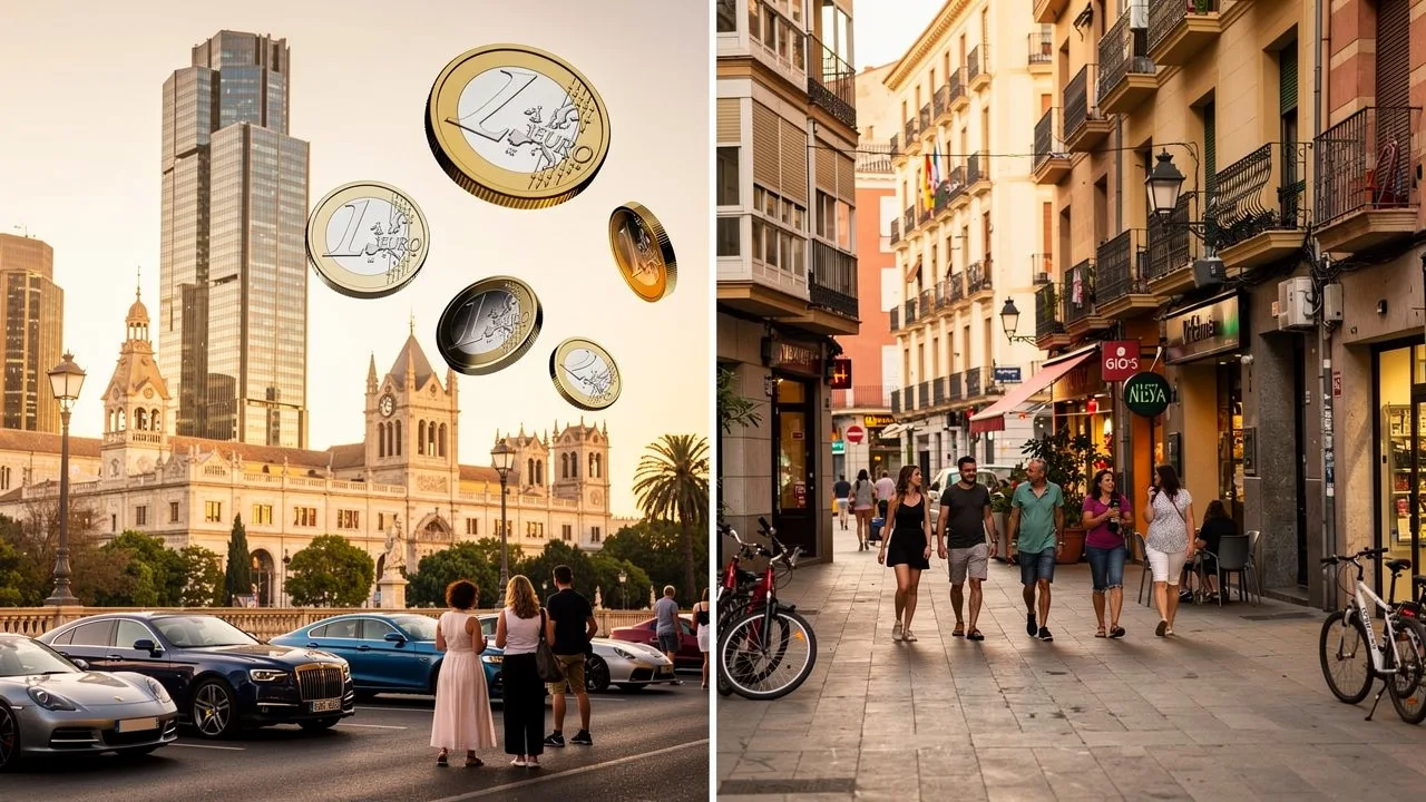 Split screen comparison showing expensive Madrid cityscape with euro symbols floating above vs affor